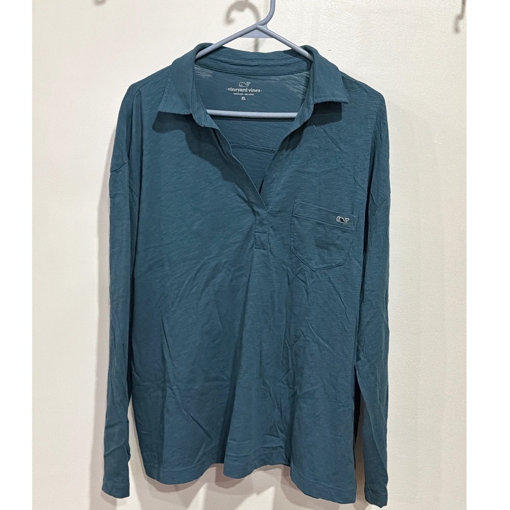 Vineyard Vines Men XL Teal Blue Slub Cotton LS Johnny Collar Polo Beachy Coastal